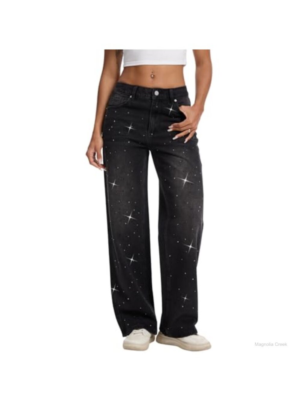 Rhinestone Wide Leg Straight Jeans Stretch Denim Party Festival Pants